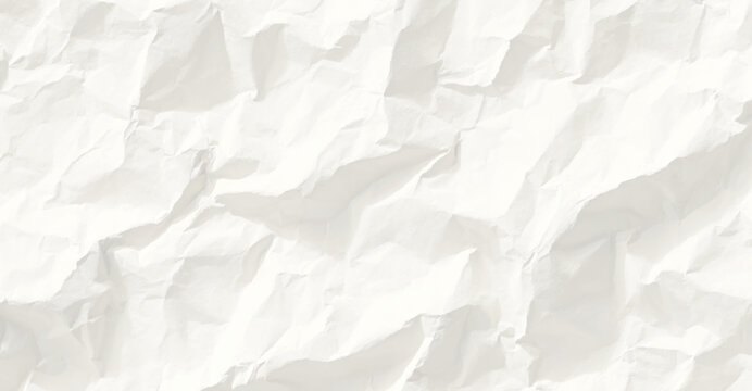 A close up view of a white crumpled paper texture with deep creases, folds, and shadows creating a rough and uneven surface pattern effect