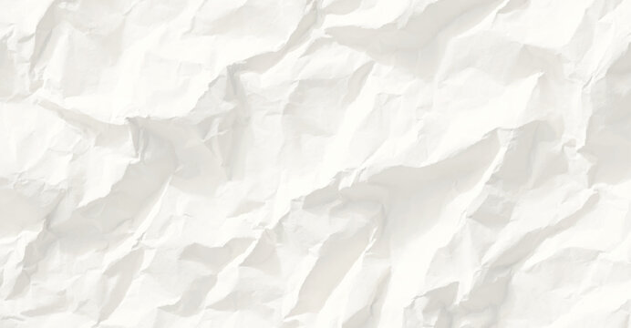 A close up view of a white crumpled paper texture with deep creases, folds, and shadows creating a rough and uneven surface pattern effect