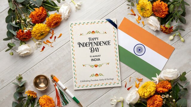 Independence day greeting card on wooden table surrounded by marigold flowers roses and Indian flag with traditional accessories celebrating freedom unity and cultural heritage.