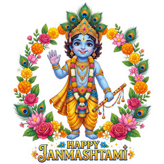 Naklejka premium Happy janmashtami baby krishna with peacock feathers festive hindu illustration