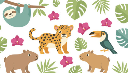 Fototapeta premium Set of tropical rainforest animals featuring a sloth, leopard, toucan, and two capybaras among monstera leaves and pink orchid flowers.