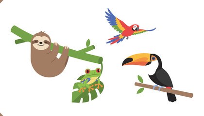 Fototapeta premium Colorful tropical wildlife set including a hanging sloth, a vibrant red parrot, a small green frog on a leaf, and a toucan on a branch.