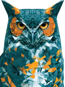 A great horned owl in front view created with polygon facets and bright colors on a white background.