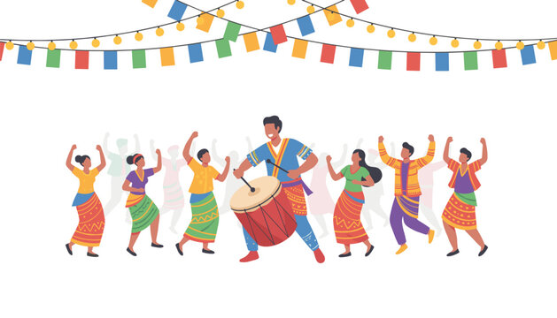 Man playing a traditional drum surrounded by a crowd of people dancing under festive hanging flags and lights.