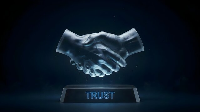 Glowing Handshake on Dark Background with Trust Sign Business Partnership Agreement Concept in Blue Light