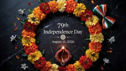 Seventy ninth Indian independence day celebration card with marigold wreath and traditional oil lamp diya on black stone background honoring august fifteen national holiday spirit.