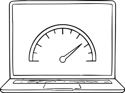 Laptop screen displays a speed gauge with a needle pointing to high performance