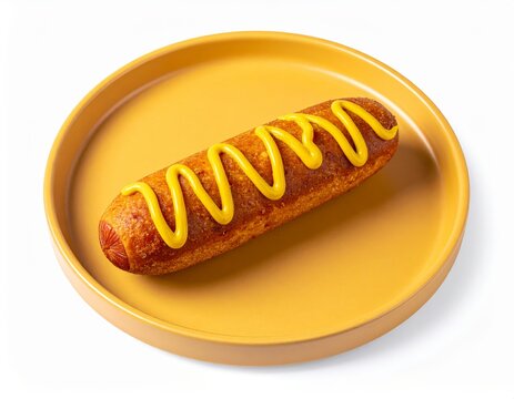 Classic Deep-Fried Corn Dog With Mustard Drizzle On Muted Sunset Mustard Plate Isolated On White Background