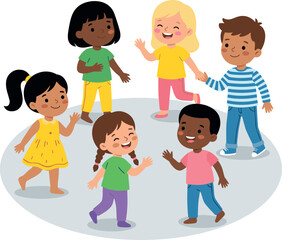 Obraz premium Diverse Kids Playing Together Flat Vector Illustration, Happy Children Group Holding Hands and Waving, Multicultural Friendship Character Design