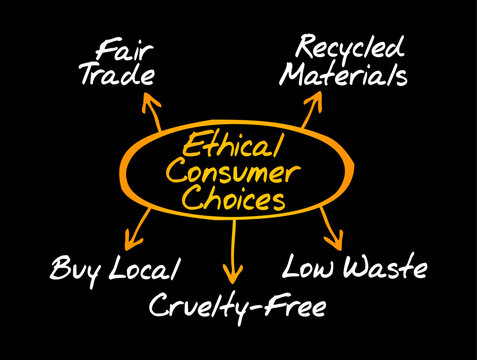 Ethical Consumer Choices mind map presenting sustainable options like fair trade, recycled materials, buy local, cruelty-free, and low waste. This chart outlines key ecological shopping behavior.