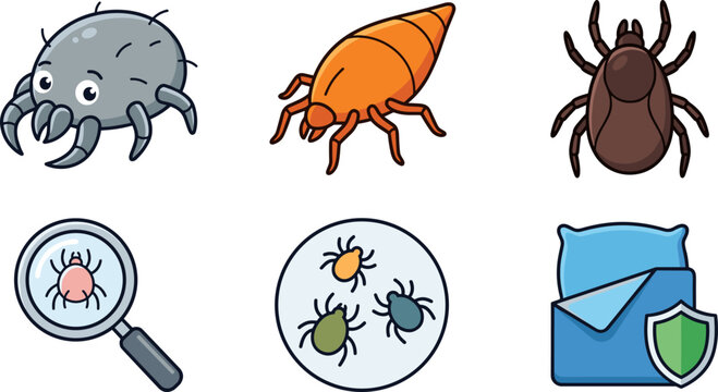 Dust mites and bed bugs vector illustration set featuring cartoon house dust mite orange bedbug parasitic tick magnifier glass and protected mattress icon