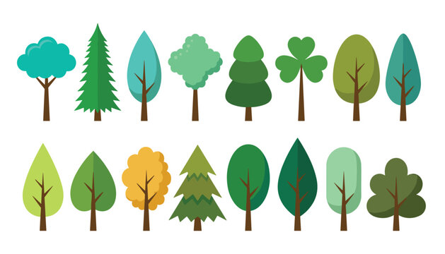 Tree transparent vector set. with flat forest plant icons, green pine fir shapes, minimal autumn foliage elements, and geometric botanical nature designs.