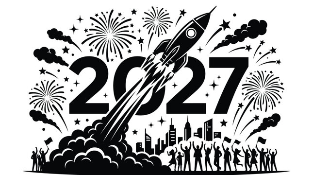 Black and white illustration depicting a rocket launching through the year 2027 with celebratory fireworks