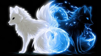 Fototapeta premium Two arctic foxes are shown side by side, one in white representing winter and the other in blue for summer. The background is black.