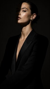 Woman poses elegantly wearing a black blazer and gold earring with dramatic low-key lighting and a dark background. The composition emphasizes contrast, skin glow, and minimalist fashion.