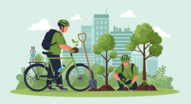 Man planting trees with bicycle and city skyline background.