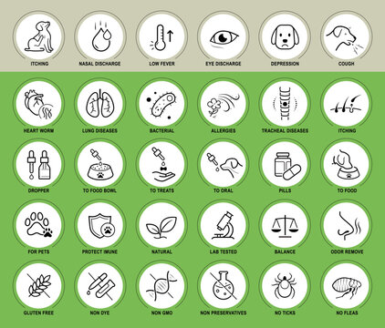 Dog health and veterinary medicine icon set. The outline vector icons are well scalable and editable for veterinary packaging label design. Great for infographic for different backgrounds. EPS10.