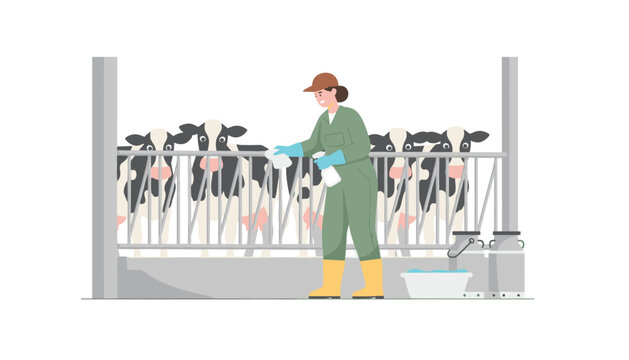 Farm worker in green overalls using a spray bottle to clean a metal gate inside a dairy barn while cows stand in the background.