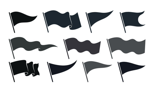 Flag transparent vector set. with waving pennant silhouettes, blank black banner icons, medieval standard shapes, and decorative nautical triangular elements.