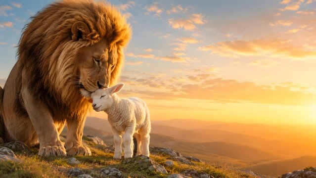 Lion nuzzling a lamb on a mountaintop at sunrise. Symbolic representation of peace, harmony, and unity between predator and prey. Metaphor for kindness, protection, and friendship.