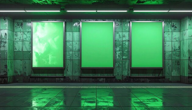Three vertical green blank billboards on underground wall Mockup. Hoardings advertising triptych on subway wall interior 3D rendering
