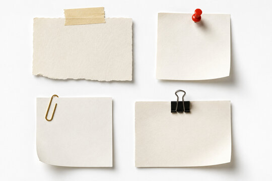 Blank Note Papers with Tape Pins and Clips on White Background