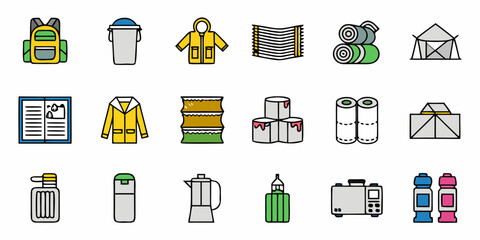 Camping Equipment Icons Flat Line Style On White Background © Prosanta