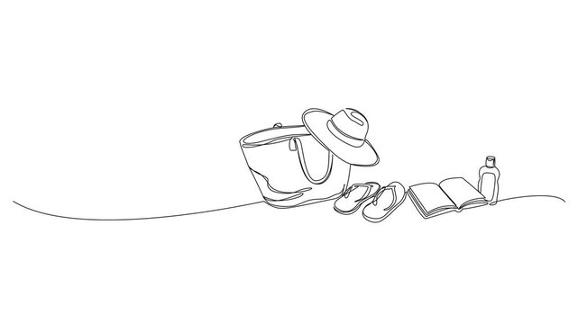 animated continuous line drawing of summer beach essentials with a beach bag, sun hat, flip flops, book, and sunscreen bottle, inimalist vacation and travel concept, line art animation