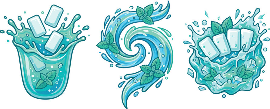 Menthol Peppermint Chewing Gum Vector Graphic Collection Featuring White Pellets Splashing in Fresh Blue Water Crushed Ice Cubes and Swirling Mint Leaves
