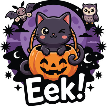 Halloween cartoon cat sitting in a jackolantern with a bat and owl on a purple moon background with stars and the word eek