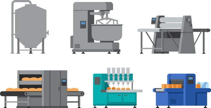 Industrial bread factory machinery vector illustration set featuring stainless storage silo commercial dough mixer conveyor belt oven and automatic slicer packaging machine