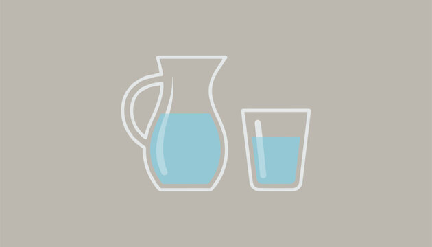 Minimalist line illustration of a glass pitcher and a glass of clean fresh water on a beige background.