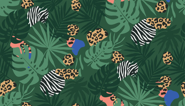 Tropical seamless pattern featuring jungle foliage, monstera leaves, leopard spots, and zebra stripes.