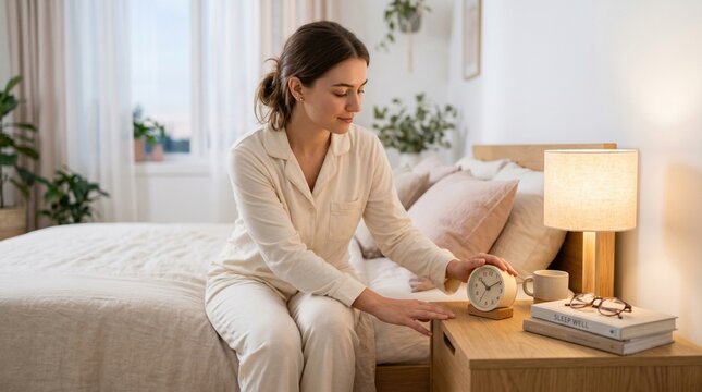 Woman in pajamas adjusts an alarm clock on a bedside table in a cozy neutral bedroom. The scene conveys morning routine, calm and domestic comfort with natural light.