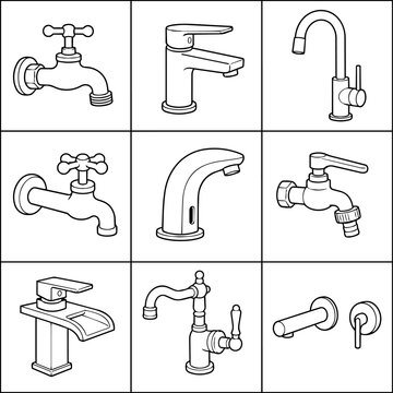 Collection of bathroom and kitchen faucet outlines with wall taps