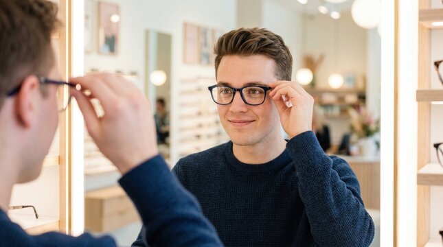 Man trying on eyeglasses and checking fit in a mirror inside an optical shop. He smiles while adjusting frames in a bright retail setting.