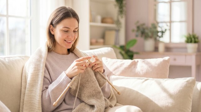 Woman knitting a soft garment while sitting comfortably on a sofa in a bright living room. She relaxes and focuses on her craft with warm natural light and neutral decor.
