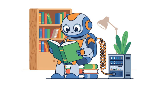 Friendly AI robot mascot reading a book in library connected to data server flat vector illustration.
