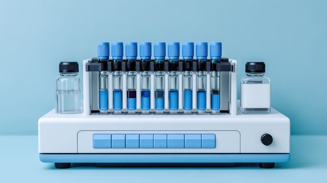 Immunology workstation with flow cytometer and sample vials arranged for analysis