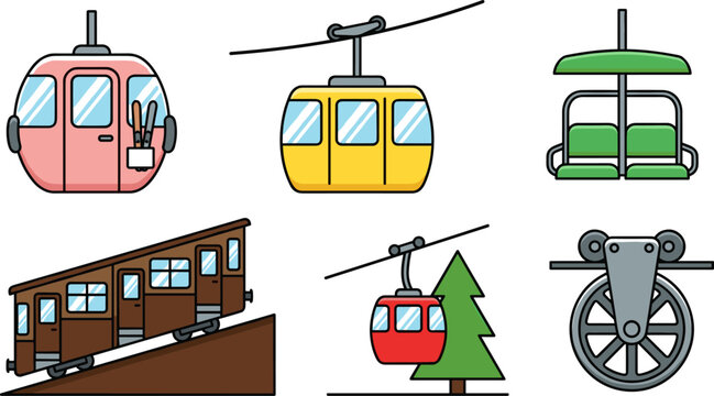 Cute cable car and gondola lift vector illustration set featuring colorful ski resort chairlift mountain funicular railway overhead tramway and pulley mechanism
