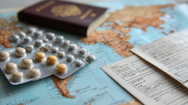 Travel clinic desk shows medical supplies and a map on a clear day