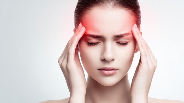 High key medical concept portrait showing a person experiencing migraine pain