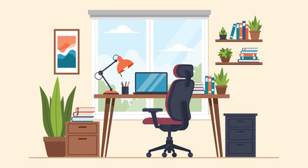 Fototapeta premium Modern home office workspace setup with desk, laptop, desk lamp, ergonomic chair, shelves, and potted plants near window.