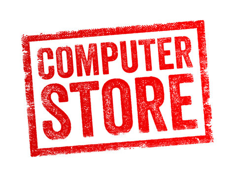 COMPUTER STORE grunge stamp design in textured retro ink style. This grunged sign represents a retail shop, electronics business, technology sale, hardware purchase, and main commercial services.