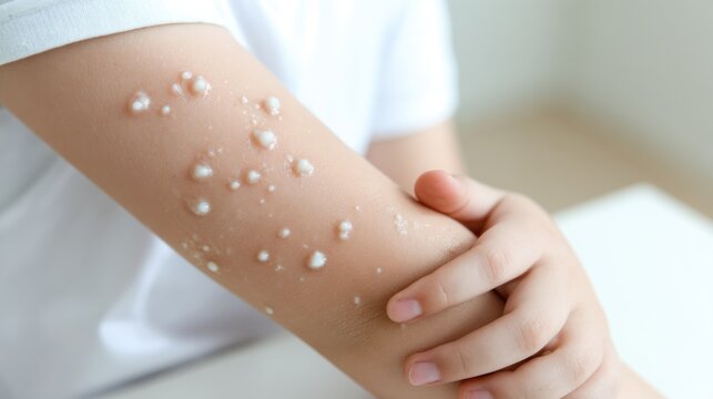 Molluscum contagiosum papules on child's arm in pediatric clinical setting