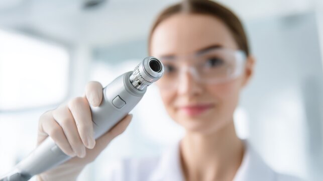 Fractional laser handpiece is used for facial resurfacing in modern medical setting