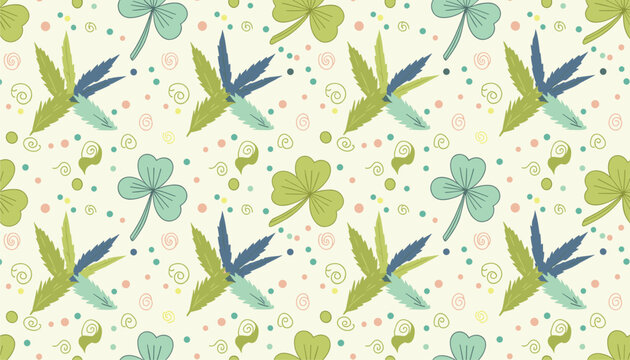 Whimsical seamless pattern with green clovers and abstract leaves scattered on a warm cream background.