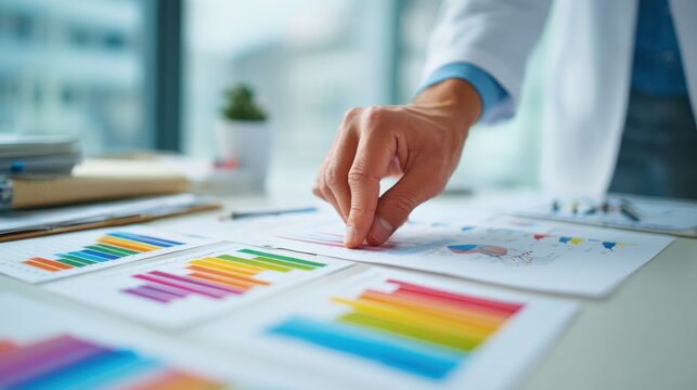 Clinician places comparison charts on desk in bright daylight-filled office setting
