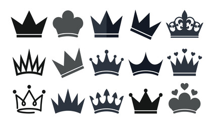 Crown transparent vector set. with black king silhouettes, royal queen tiara icons, minimalist princess heraldic symbols, and luxury imperial decoration elements. ©  AR Studio Company