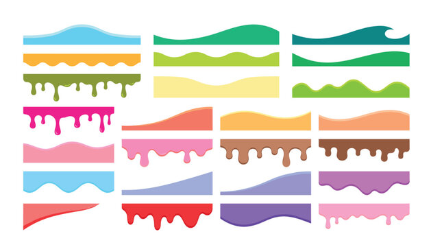 Drip transparent vector set. with colorful slime borders, melting chocolate streams, cartoon water wave dividers, and abstract sweet liquid glaze elements.